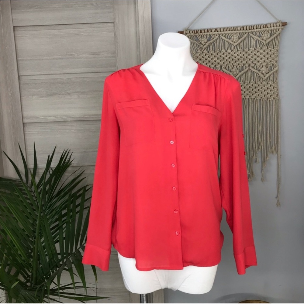 Express | V Neck Button Front Tab Sleeve Blouse